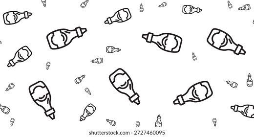 Un patrón sin fisuras de varias botellas de condimento, incluyendo ketchup y mostaza, en un estilo de arte de línea simple en blanco y negro. Las botellas están dispersas y orientadas en diferentes direcciones a través de un fondo blanco.