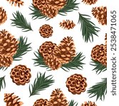 seamless pattern with various cones of conifers arranged randomly and fir branches on a white background, for Christmas packaging, cards or decorations