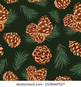 seamless pattern with various cones of conifers arranged randomly and fir branches on a green background, for Christmas packaging, cards or decorations