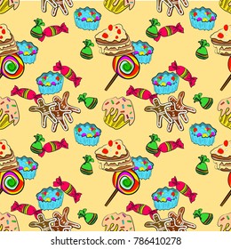 Seamless pattern - various confectionery on a beige background. Vector illustration