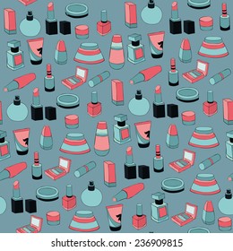 Seamless pattern with various cosmetics on a blue background. Lipstick, powder,  nail polish, perfume, eye shadow.