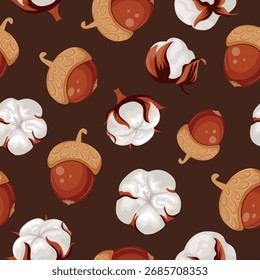 Seamless pattern with various cotton flowers and acorns of various sizes arranged randomly on a brown background, for holiday packaging, textiles or other holiday designs