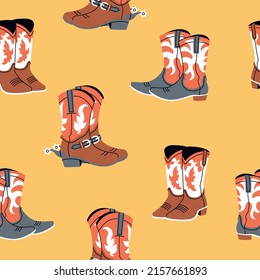 Seamless pattern of various cowboy boots with different ornaments. Wild West fashion style. Vector backgrounds, wallpapers