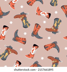 Seamless pattern of various cowboy boots with different ornaments. Wild West fashion style. Vector backgrounds, wallpapers