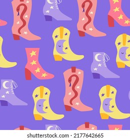 Seamless pattern with various cowgirl boots with moon, snakes and stars. Wild west, western, texas hand drawn vector trendy background. 