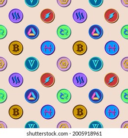 Seamless pattern of various cryptocurrency coins on the background champagne pink. Verge, Steem, NavCoin, EmerCoin, Electronium, Decred, Achain, Bitcoin. Vector illustration.