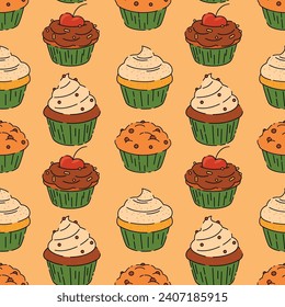 Seamless pattern with various cupcakes, doodle vector background