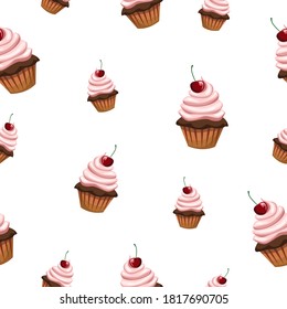Seamless pattern with various cupcakes on a white background. Sweet pastries are decorated with cherries.