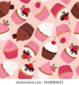 Seamless pattern with various cupcakes on a pink background. Vector graphics.