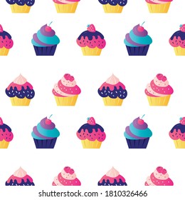 Seamless pattern with various cupcakes. Various sweets on white background. Confectionery with decorated berries and sprinkles. Delicious dessert pastry muffins. Flat vector illustration