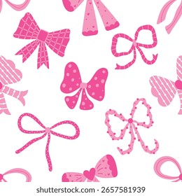 Padrão perfeito com vários nós de arco bonitos, fitas de presente. Ilustração de vetor desenhada à mão. Pode ser usado na indústria têxtil, papel, fundo, scrapbooking.