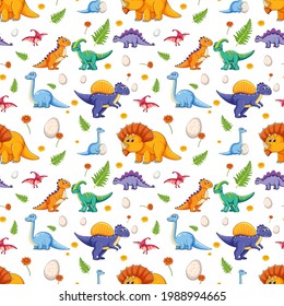 Seamless pattern with various cute dinosaurs on white background illustration