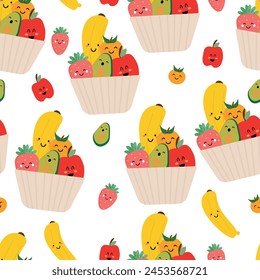 Seamless pattern with various cute fruits for fabric prints, textiles, gift wrapping paper. children's colorful vector, flat style