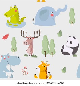 Seamless pattern with various cute and funny cartoon zoo animals on background elephant, giraffe, deer, panda, hippopotamus, crocodile. Colorful vector illustration for fabric print, wallpaper.