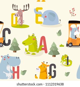 Seamless pattern with various cute and funny cartoon zoo animals on background elephant, giraffe, cat, deer, iguana, hippopotamus. Colorful vector illustration for fabric print, 