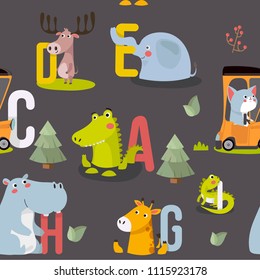 Seamless pattern with various cute and funny cartoon zoo animals on background elephant, giraffe, cat, deer, iguana, hippopotamus. Colorful vector illustration for fabric print, 