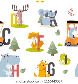 Seamless pattern with various cute and funny cartoon zoo animals on background fox, giraffe, cat, deer, iguana, hippopotamus, koala bear. Colorful vector illustration for fabric print, 
