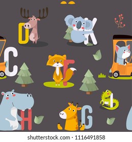 Seamless pattern with various cute and funny cartoon zoo animals on background fox, giraffe, cat, deer, iguana, hippopotamus, koala bear. Colorful vector illustration for fabric print, 