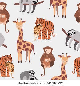 Seamless pattern with various cute and funny cartoon zoo animals on white background - monkeys, sloth, tiger, giraffe. Colorful vector illustration for fabric print, wallpaper, wrapping paper.