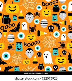 Seamless Pattern Of Various Cute Halloween Icons. For Web Backgrounds, Fabrics, Wrapping Paper, Decoration.