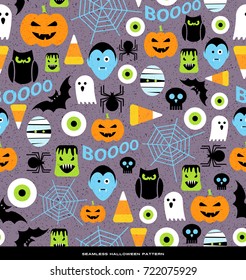 Seamless pattern of various cute halloween icons. For web backgrounds, fabrics, wrapping paper, decoration.