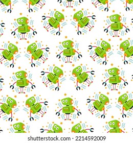 Seamless pattern with various cute robots perfect for wrapping paper