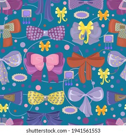 Patrón incomparable de arcos decorativos, corbatas de arco, broches y confeti. Ilustración vectorial para telas, papel envolvente y fondos para saludos, vacaciones y regalos.