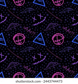 Seamless pattern with various decorative elements for textiles, packaging with lizards, human head sketch, katana, emoticon, dots, word, illuminati eye. Purple, pink, blue