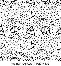 Seamless pattern with various decorative elements for textiles, packaging with lizards, human head sketch, katana, emoticon, dots, word, illuminati eye. Black and white