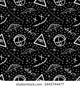 Seamless pattern with various decorative elements for textiles, packaging with lizards, human head sketch, katana, emoticon, dots, word, illuminati eye. Black and white