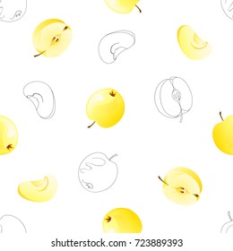 Seamless pattern with various delicious hand drawn outline and volumetric image of yellow apple isolated on white background
