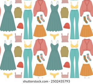 Seamless pattern with various details of women's clothing. Vector backdrop with elements in flat style.	