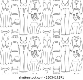 Seamless pattern with various details of women's clothing. Vector contour background with clothing items.	