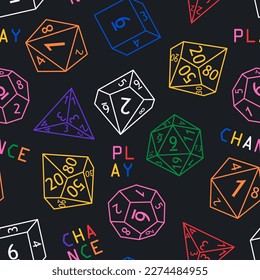 Seamless pattern with various dices. Polyhedral dices for rpg tabletop games. Colorful outline elements isolated on black. D4, d6, d8, d10. Play, chance typography Vector illustration