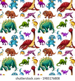 Seamless pattern with various dinosaurs on white background illustration