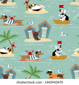 Seamless pattern with various dogs on vacations. French Bulldog sailing on a boat, Dachshund surfing, Beagle eating ice cream under the palm tree, Chihuahua chilling on the beach. Vector illustration