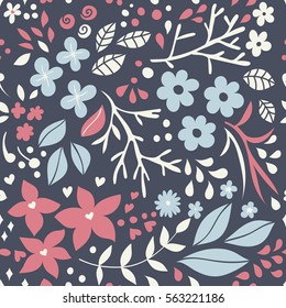 Seamless pattern with various doodle flowers and leaves.