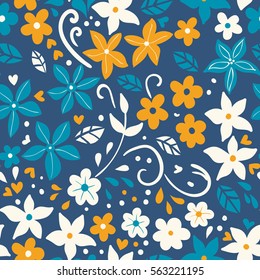 Seamless pattern with various doodle flowers and leaves.