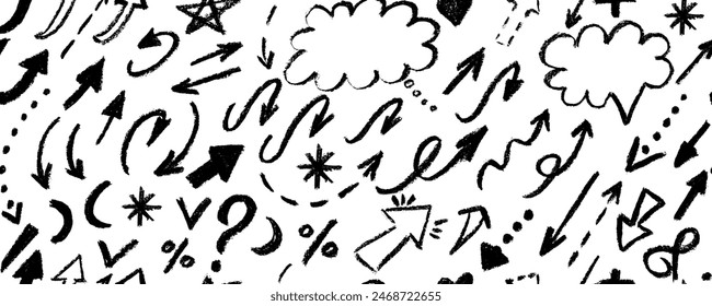 Seamless pattern various doodle grunge shapes . Brush drawn  bold curly lines, arrows,  forms, arches, squiggles and waves, brush strokes and doodle objects.