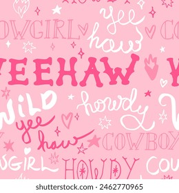 Seamless pattern with various doodle hand drawn western lettering: Yeehaw, Howdy,Cowgirl. Vector funky illustration.