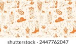 Seamless pattern with various doodle line style trendy cowboy boots and hats in desert.
Groovy American western footwear. Vector funky illustration.