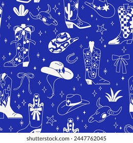 Seamless pattern with various doodle line style trendy cowboy boots and hats in desert.
Groovy American western footwear. Vector funky illustration.