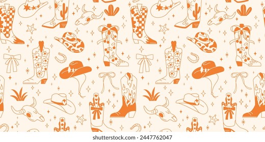 Seamless pattern with various doodle line style trendy cowboy boots and hats in desert.
Groovy American western footwear. Vector funky illustration.