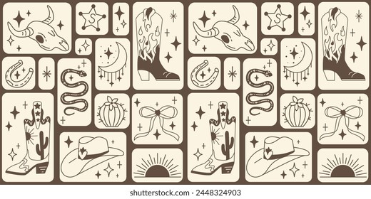 Seamless pattern with various doodle line style trendy cowboy boots, hats, cow scull, snake, horseshoe.Boho American western desert elements.Vector funky illustration. Simple tattoo mosaic background