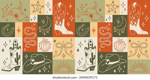 Seamless pattern with various doodle line style trendy cowboy boots, hats, cow scull, snake, horseshoe.Boho American western desert elements.Vector funky illustration. Simple tattoo mosaic background