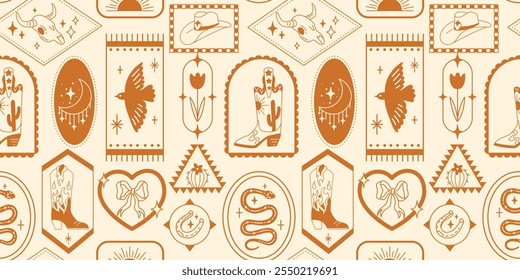 Seamless pattern with various doodle line style trendy cowboy boots, hats, cow scull, snake, horseshoe.Boho American western desert elements.Vector funky illustration. Vintage frames background