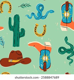 Seamless pattern with various doodle line style trendy cowboy boots, hats, cow scull, snake. Boho American western desert elements. Vector funky illustration.