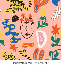 Patrón sin foco con varios garabatos. Gran colección de verano, formas orgánicas al azar al estilo de Matisse. Incluye gente, arte floral, animales.