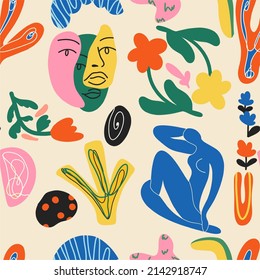 Seamless pattern with various doodles. Big summer collection, random organic shapes in Matisse style. Includes people, flower art, animals.