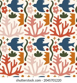 Seamless pattern with various doodles, colorful shapes and authentic objects. Abstract modern vector illustration background. Contemporary art backdrop for print, textile.